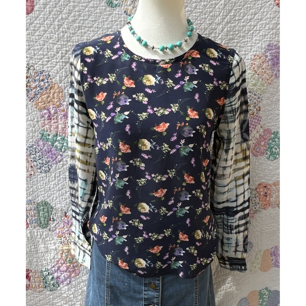 Piperlime Boho Silk Chiffon Multicolor Floral Cottagecore Blouse Long Sleeve S